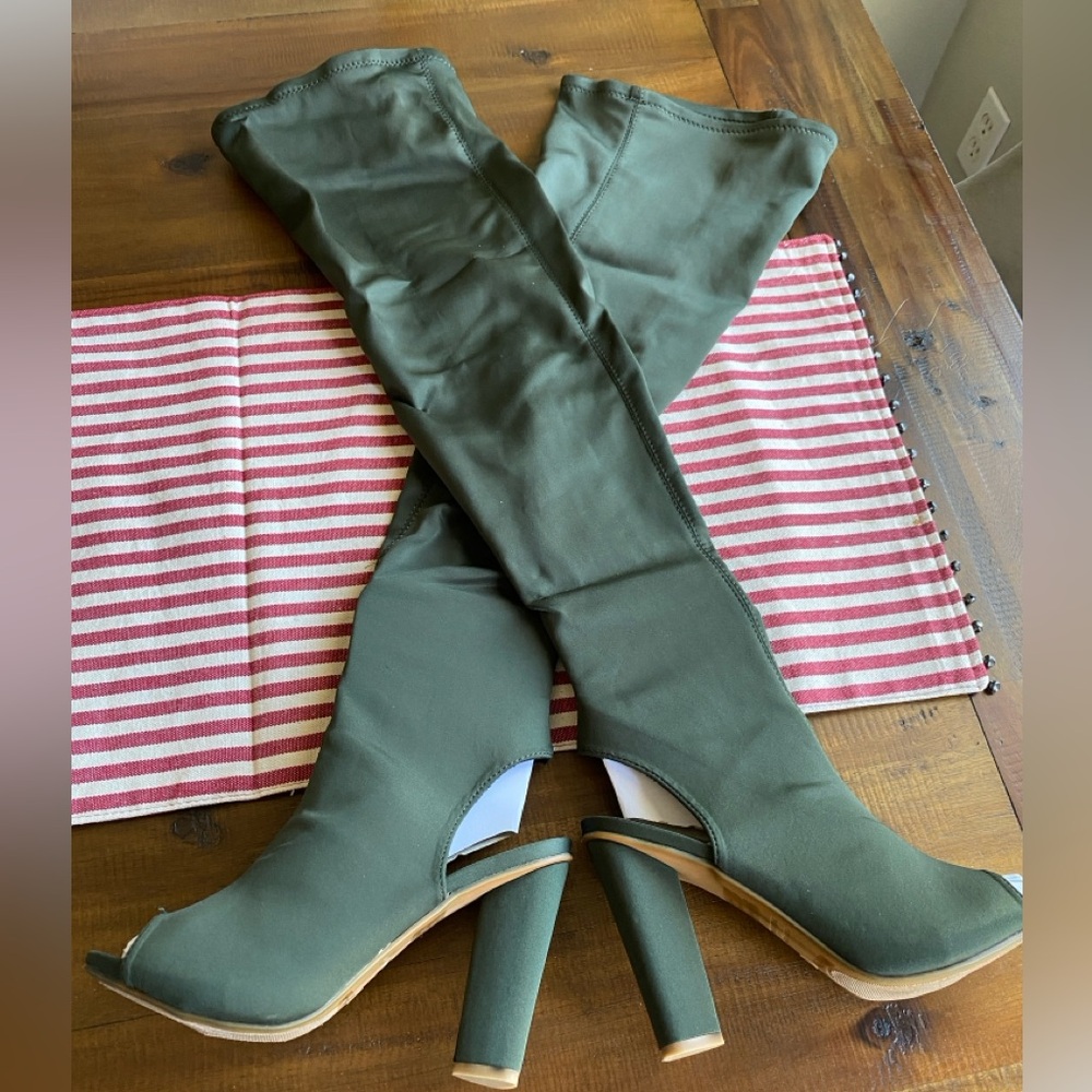 BAMBOO Olive Green Over-the-Knee Peep Toe Block Heel Boots